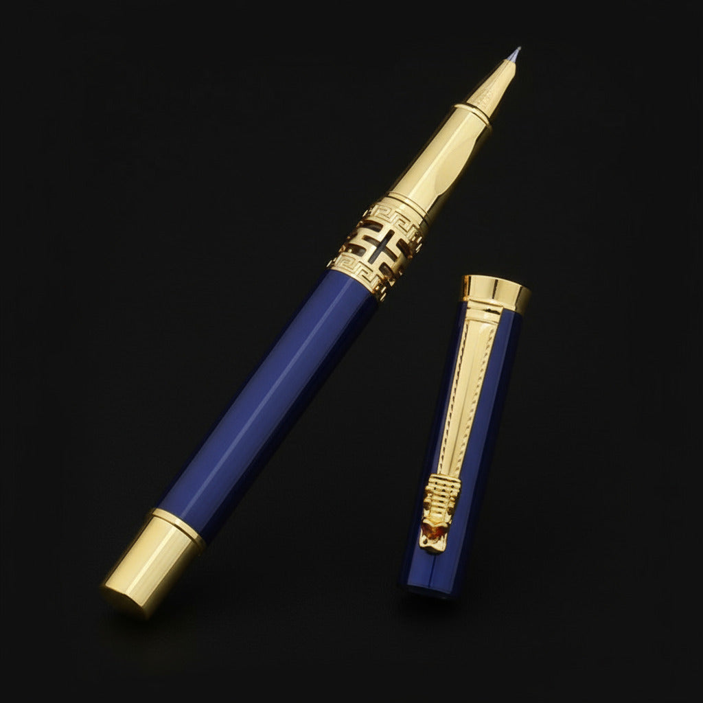 Blue and gold pen with a small measuring tool on a black background