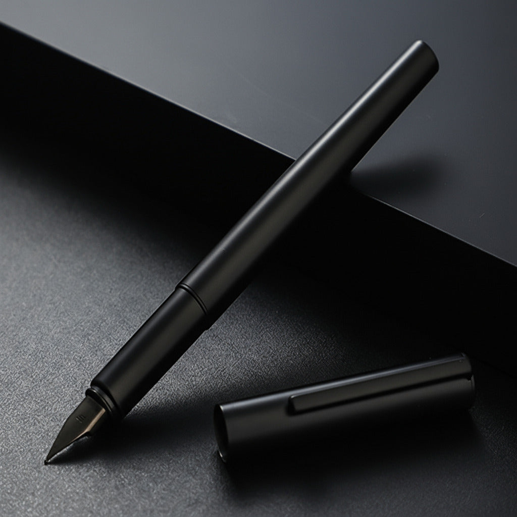 Black fountain pen with cap on a dark surface